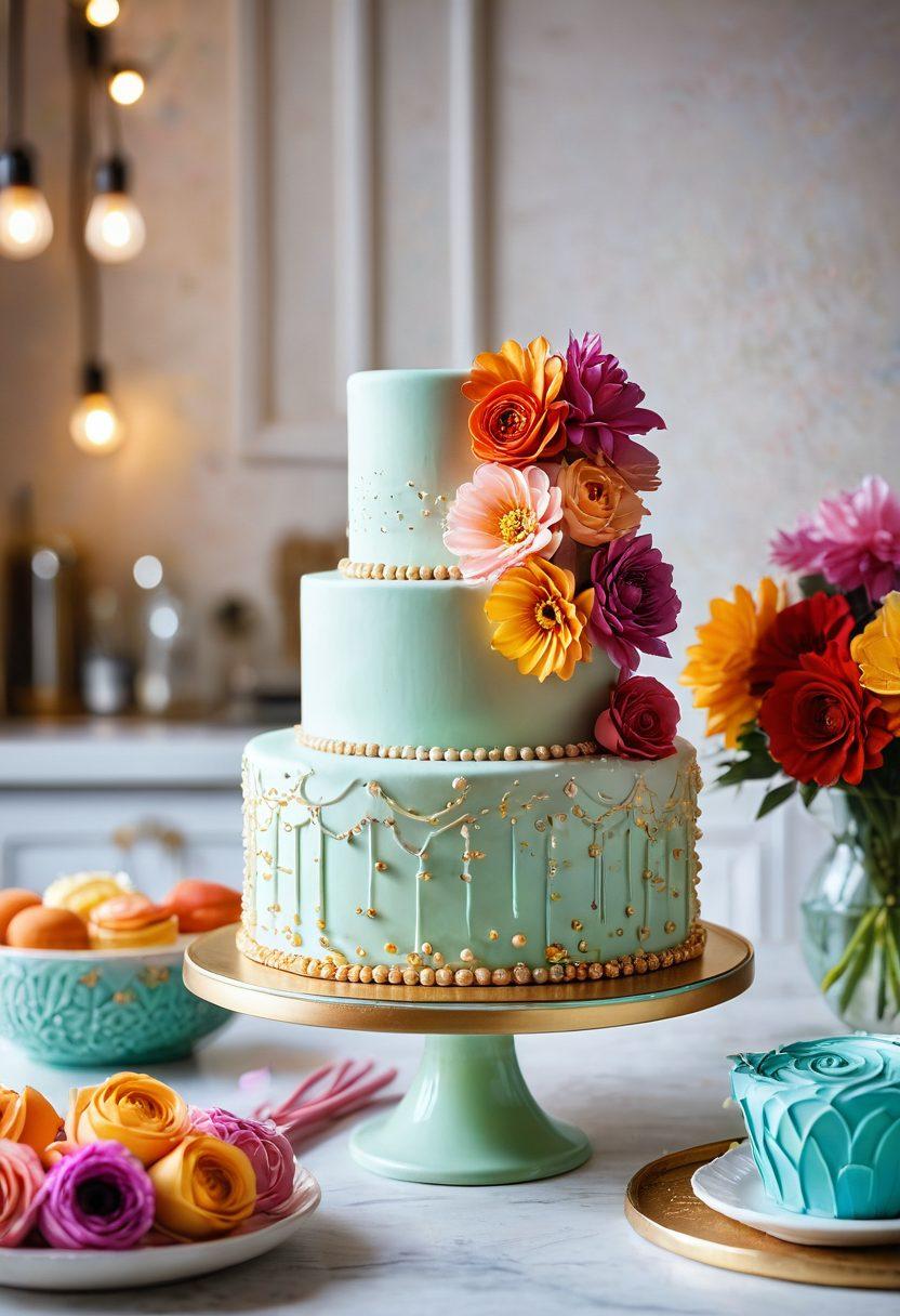 A whimsical kitchen scene featuring a beautifully decorated cake adorned with flowers, sparkles, and intricate designs, surrounded by colorful baking tools and ingredients. Soft natural lighting highlights the cake on an elegant cake stand, while a smartphone capturing the moment is visible in the foreground, emphasizing the Instagram-worthy aspect. Include a subtle bokeh effect in the background to enhance the magical atmosphere. vibrant colors. dreamy style. soft lighting.