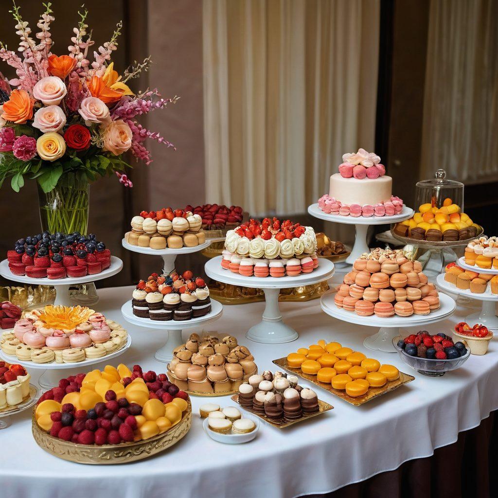A beautifully arranged dessert table featuring an array of exquisite pastries, from colorful macarons to elegant entremets. In the background, an open pastry gallery filled with chefs in action, passionately crafting desserts. Soft, warm lighting enhances the inviting atmosphere, showcasing the intricate details and artistry of each treat. The scene is surrounded by flourishes of gourmet ingredients such as fresh fruits and chocolate shavings. A whimsical touch with pastel colors and a hint of magic in the air. super-realistic. vibrant colors. soft focus.