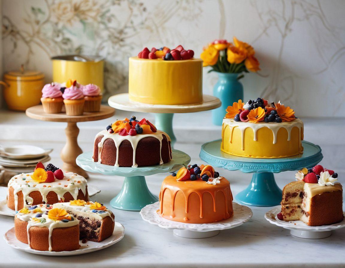 A beautiful display of intricately designed cakes showcasing a variety of artistic styles, from elegant florals to whimsical themes, surrounded by various baking tools like spatulas and piping bags. The setting should be a bright, airy kitchen with sunlight streaming in, adding warmth and inviting creativity. The cakes should be vividly colored, with textures that pop, and a few small baking notes or recipe cards scattered around as if in the midst of a delicious project. vibrant colors. soft focus. bright kitchen setting.